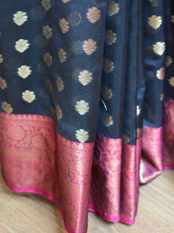 Banarasee Cotton Silk Saree With Antique Zari Buti & Contrast Floral Border-Black