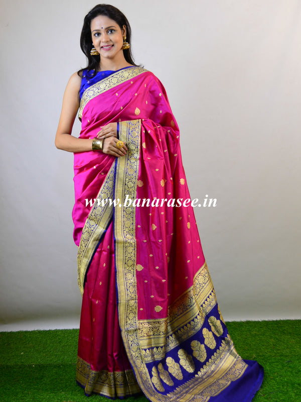 Banarasee Handloom Pure Katan Silk Sari With Skirt Border-Magenta