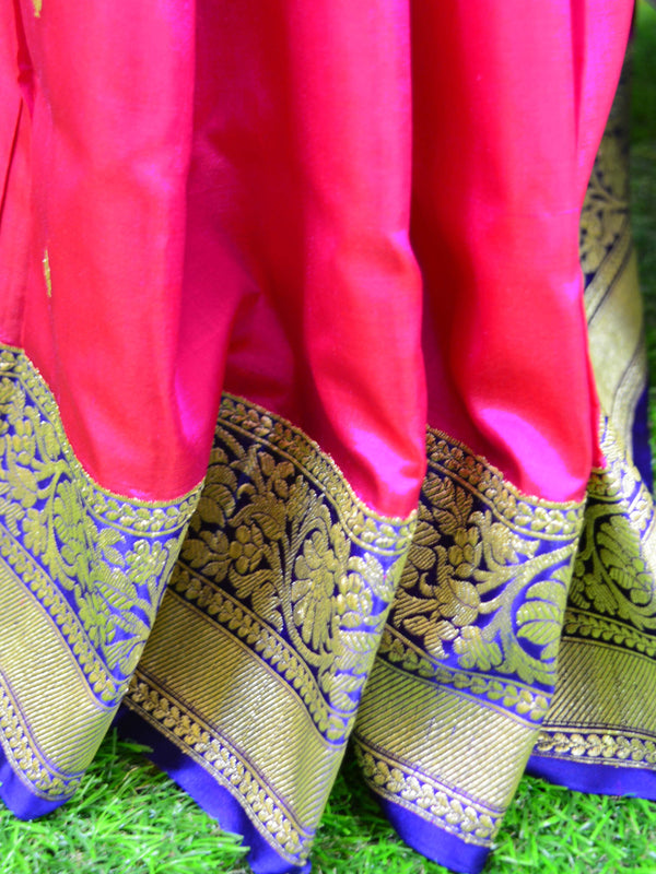 Banarasee Handloom Pure Katan Silk Sari With Skirt Border-Magenta