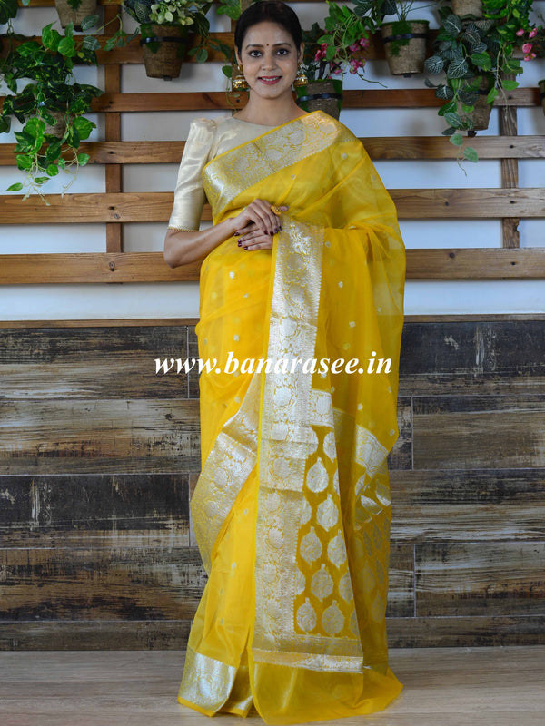 Banarasee Organza Mix Saree With Silver Zari-Yellow