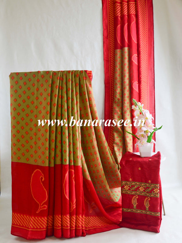 Banarasee Brasso Silk Patola Saree with Meena Border Design With Contrast Embroidered Blouse-Green