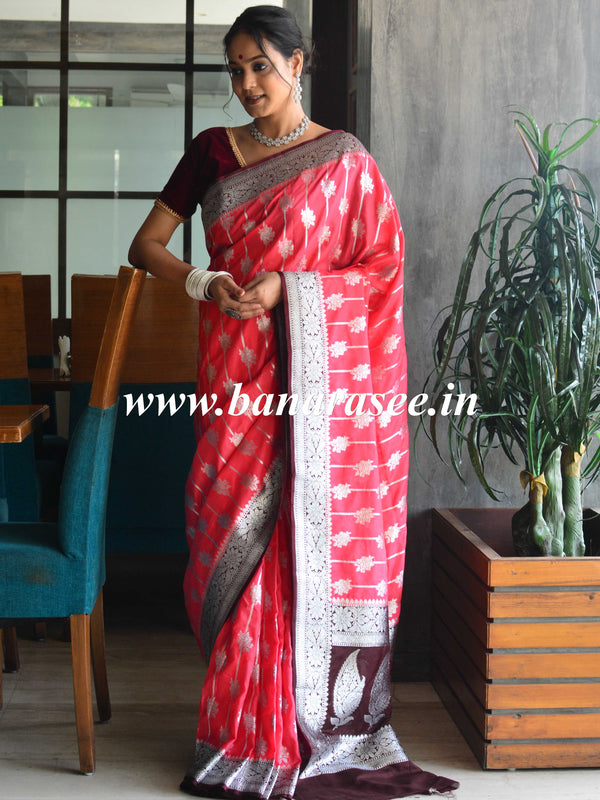 Banarasee Faux Georgette Saree With Silver Zari Jaal Work-Strawberry Red & Brown