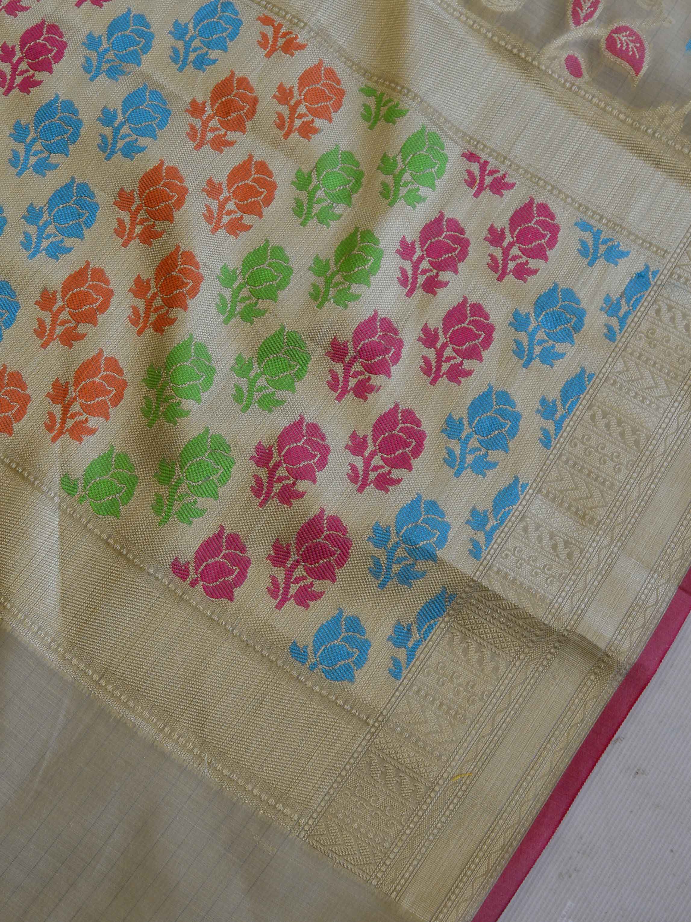 Banarasee Cotton Silk Mix Saree With Silver Zari & Jaal Design-Beige