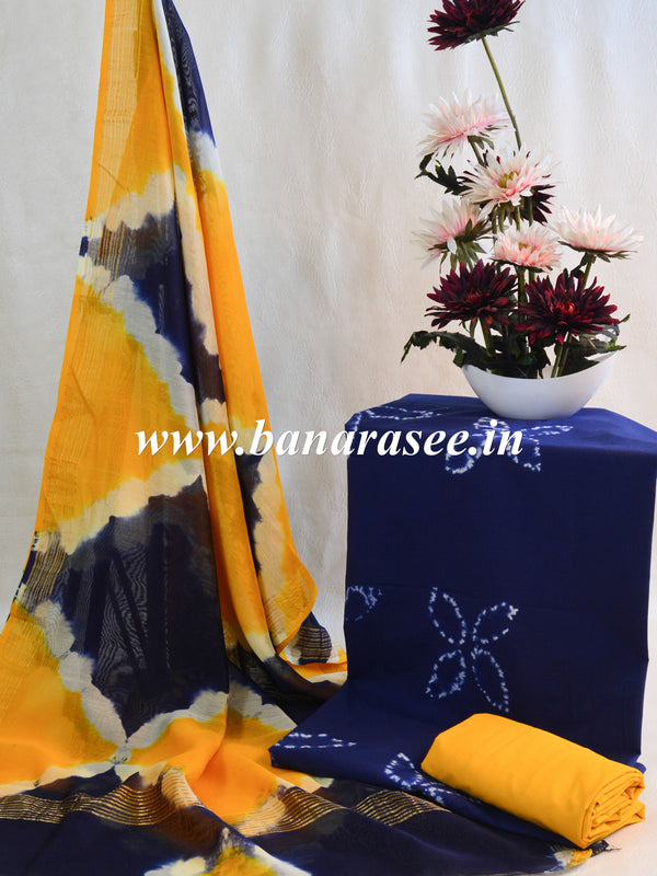 Handloom Mul Cotton Block Print Suit Set With Chanderi Dupatta-Blue & Yellow
