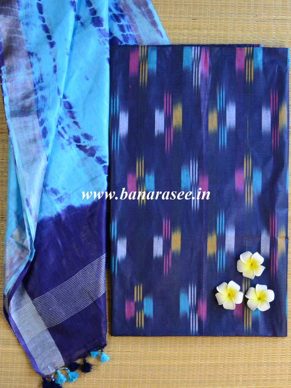 Bhagalpuri Pure Ikkat Kameez With Linen Cotton Shibori Dupatta-Blue