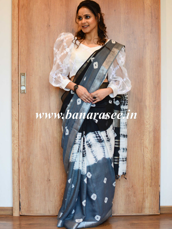 Banarasee Linen Cotton Bagru Hand-Block Printed Saree-Black