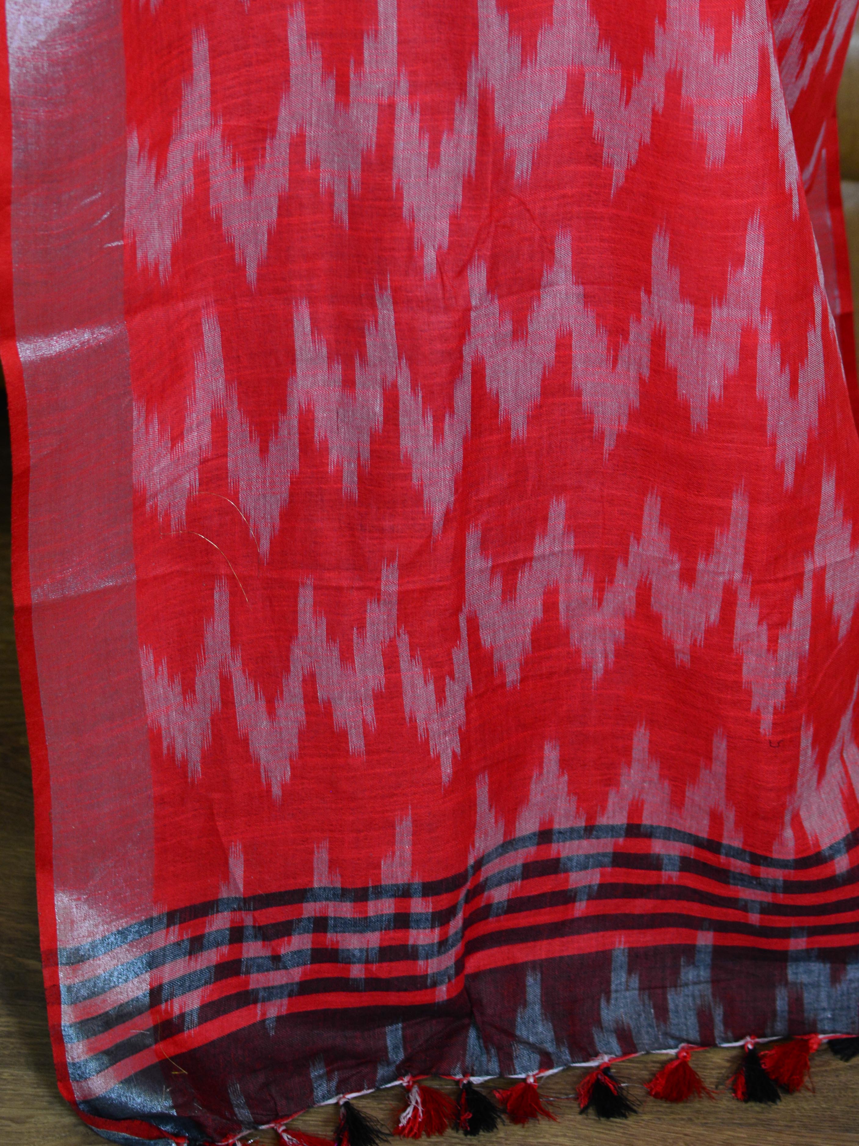Banarasee Linen Cotton Ikkat woven Saree-Grey & Red