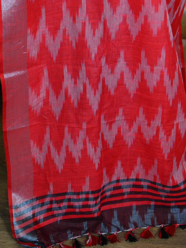 Banarasee Linen Cotton Ikkat woven Saree-Grey & Red