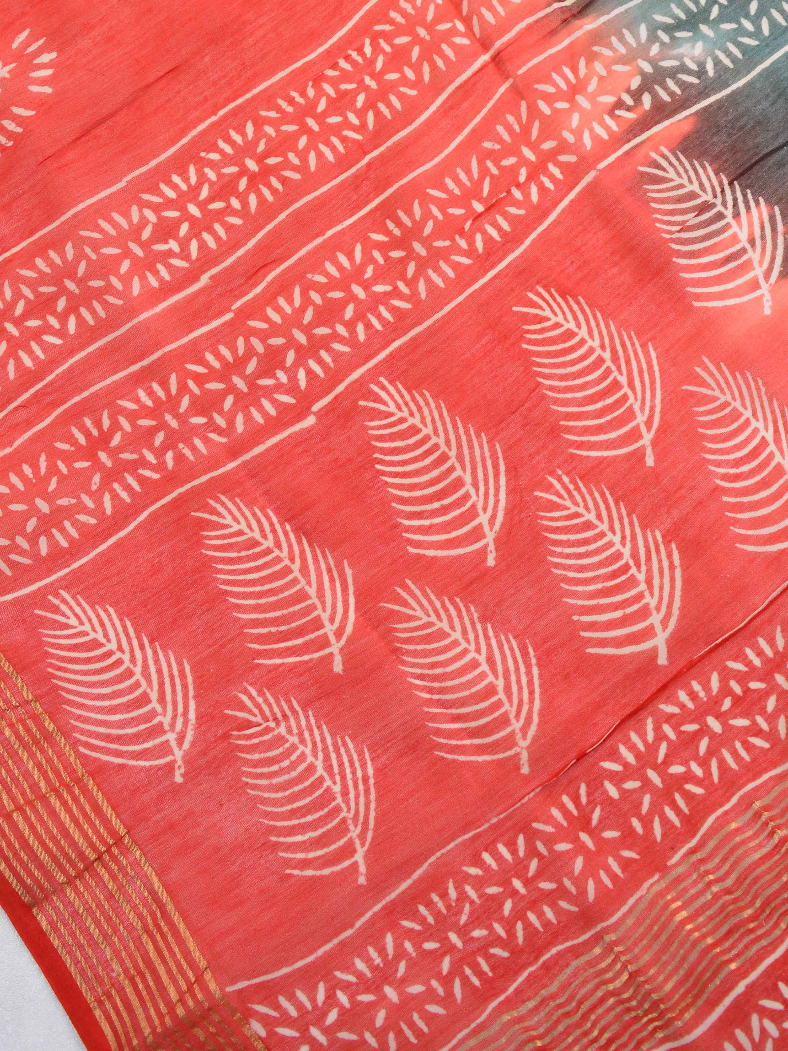Handloom Mul Cotton Block Print Suit Set With Chanderi Dupatta-Red & Green