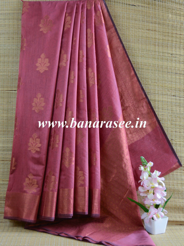 Banarasee Cotton Silk Saree With Copper Zari Buta & Border-Onion Pink