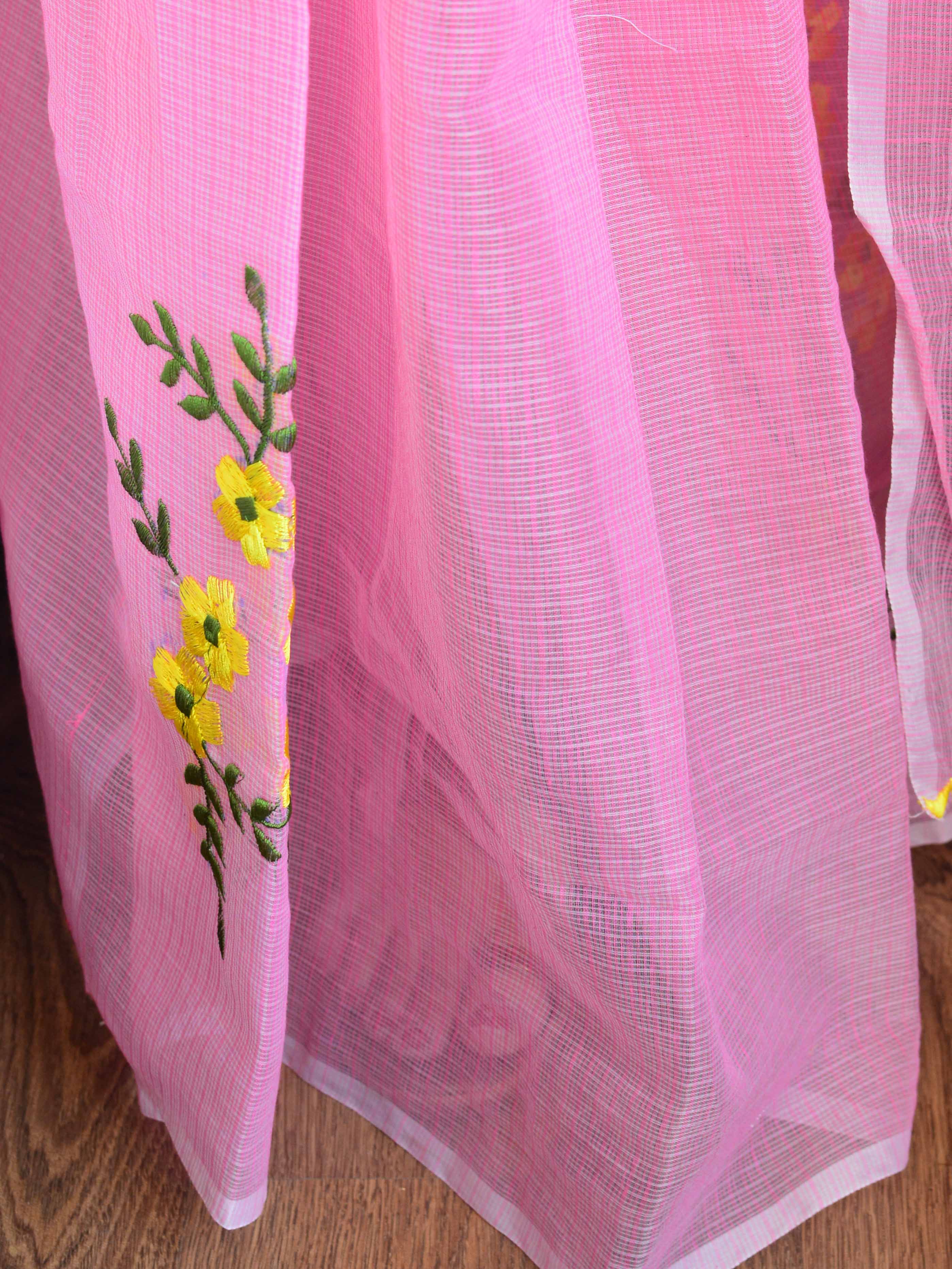 Kota Doria Cotton Mix Saree With Embroidery Work-Pink
