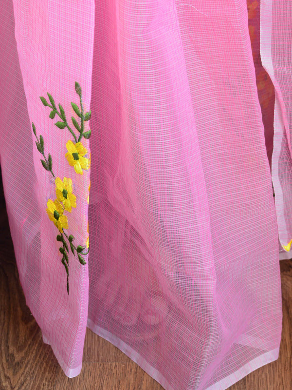 Kota Doria Cotton Mix Saree With Embroidery Work-Pink