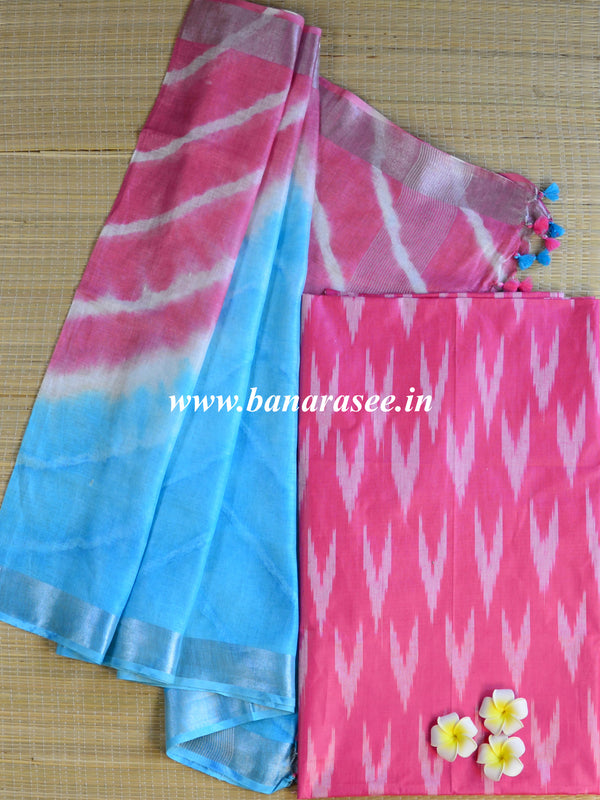Bhagalpuri Pure Ikkat Kameez With Linen Cotton Shibori Dupatta-Pink & Blue