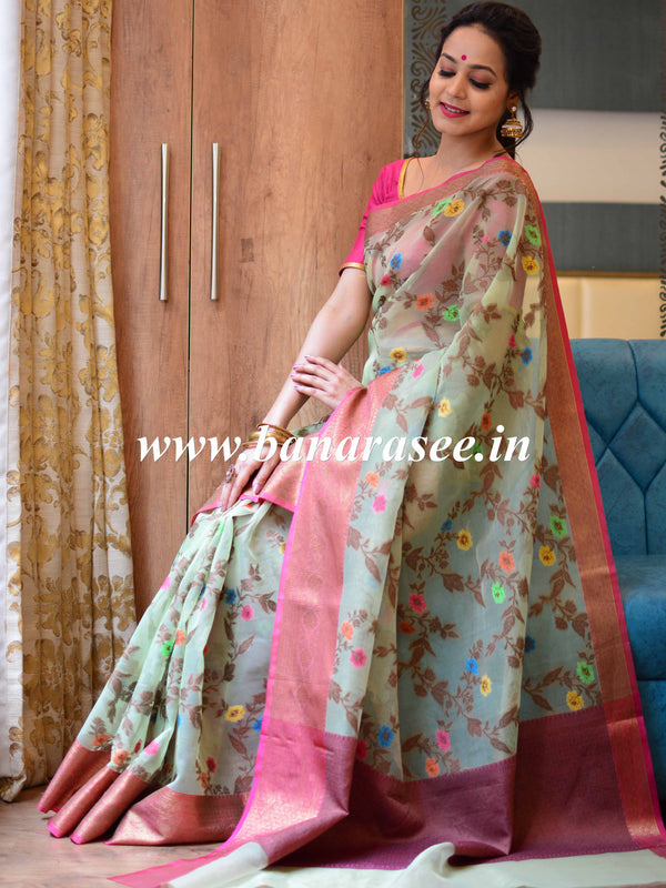 Banarasee Organza Mix Saree With Jaal Design & Floral Border-Green
