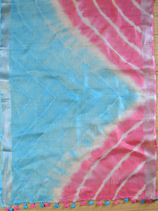 Bhagalpuri Pure Ikkat Kameez With Linen Cotton Shibori Dupatta-Pink & Blue