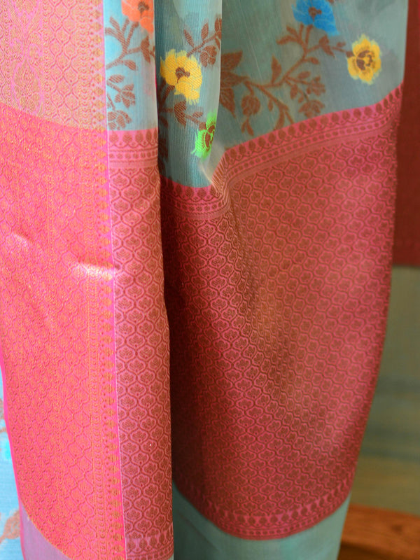 Banarasee Organza Mix Saree With Jaal Design & Floral Border-Blue