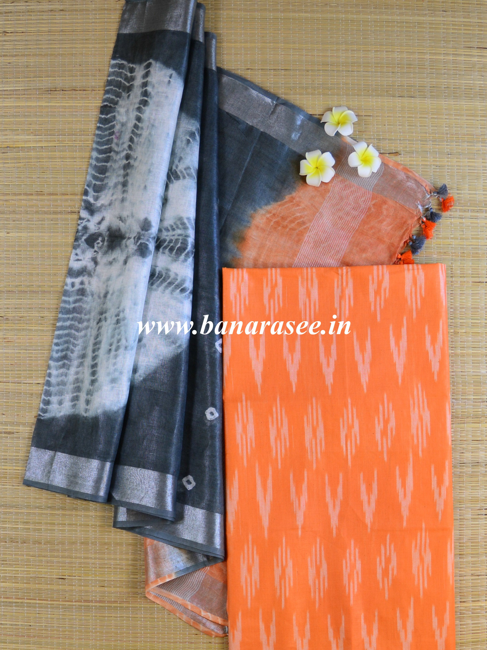 Bhagalpuri Pure Ikkat Kameez With Linen Cotton Shibori Dupatta-Orange & Grey
