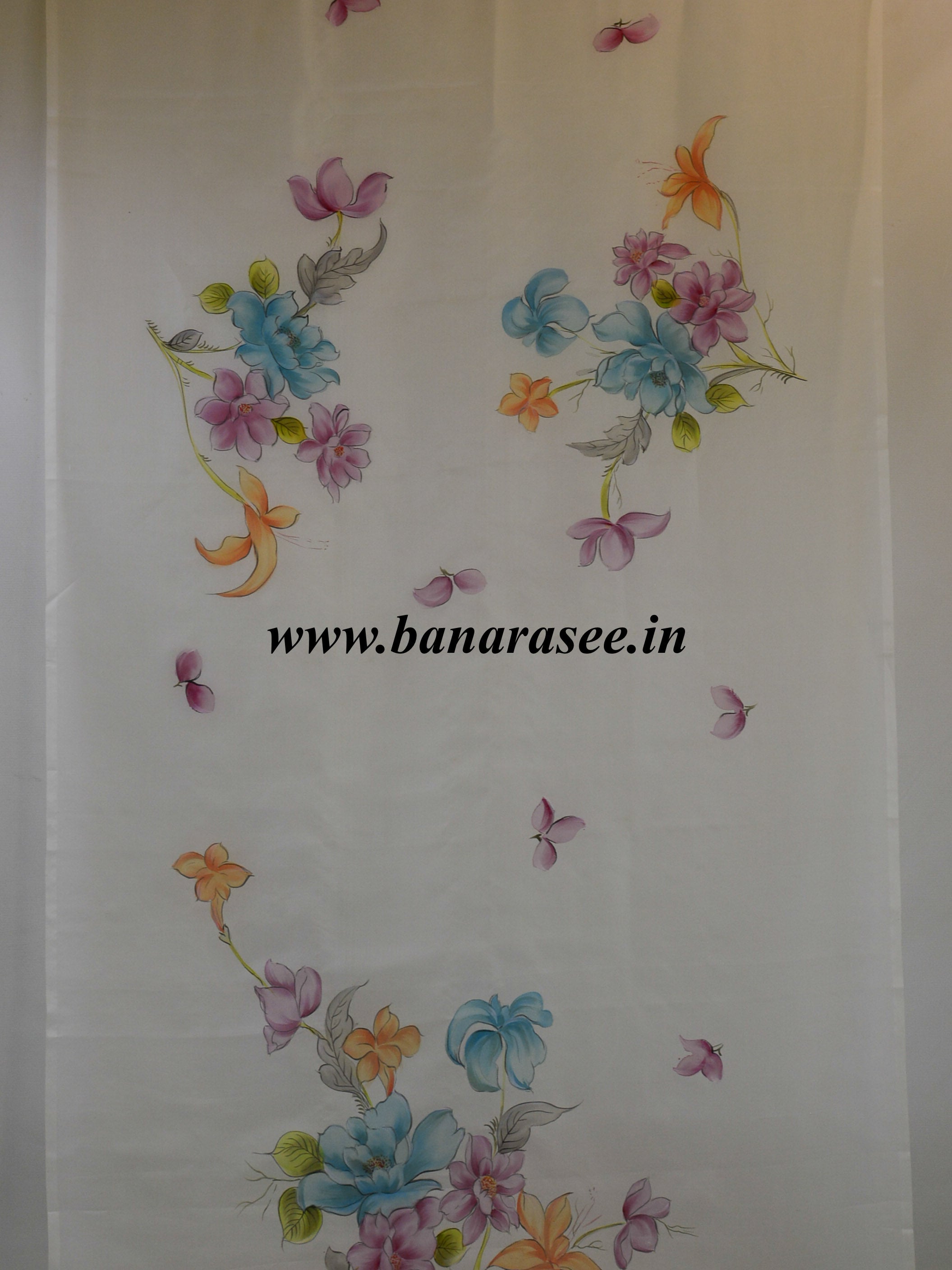 Banarasee Pure Organza Silk Saree With Hand-Paint Floral Design-White