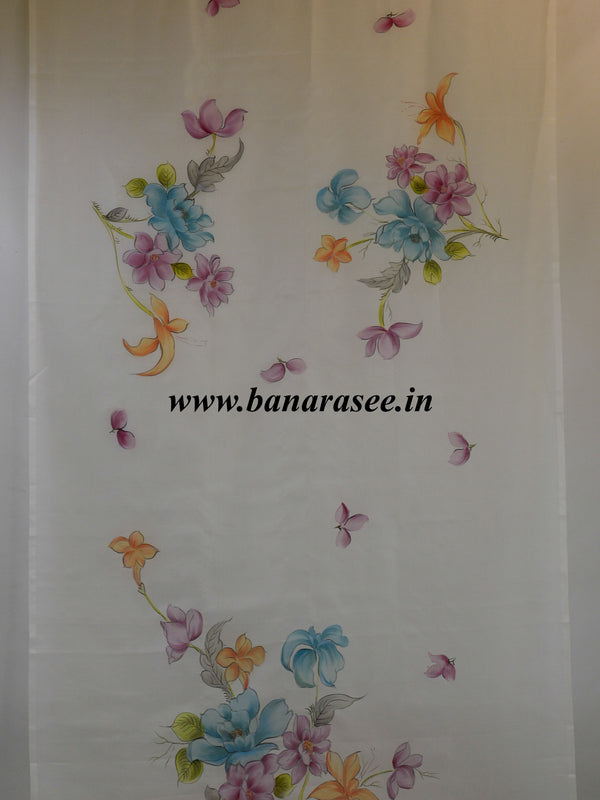 Banarasee Pure Organza Silk Saree With Hand-Paint Floral Design-White