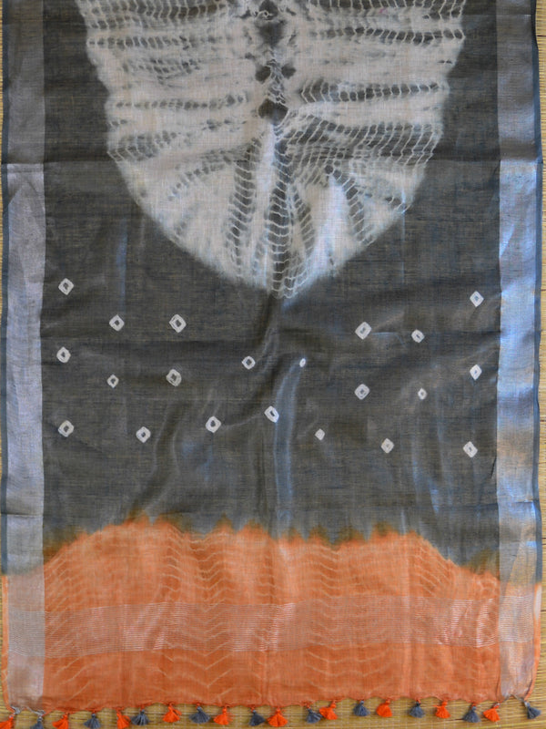 Bhagalpuri Pure Ikkat Kameez With Linen Cotton Shibori Dupatta-Orange & Grey