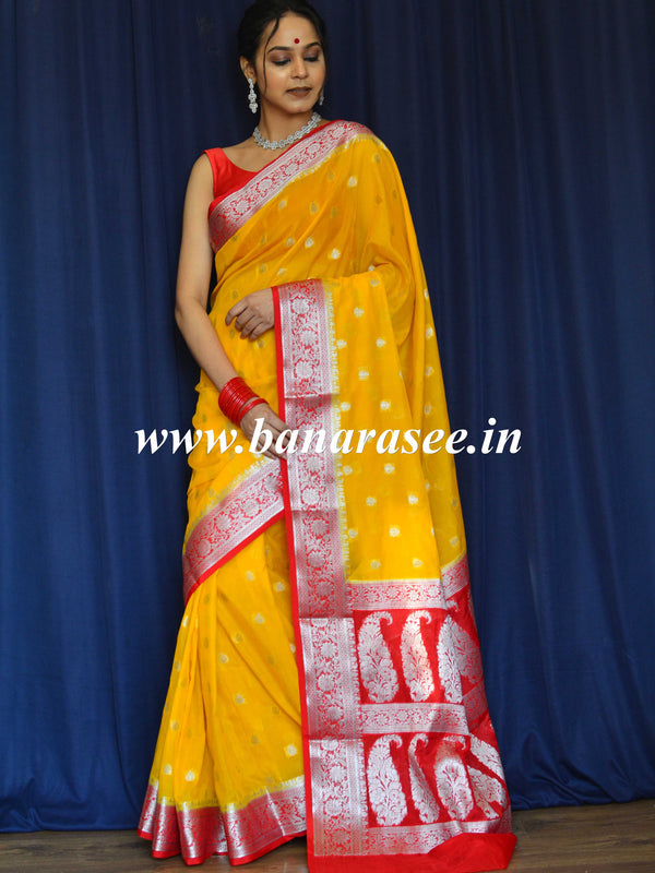 Banarasee Handwoven Semi-Chiffon Saree With Silver Zari Buti Design & Contrast Border-Yellow & Red