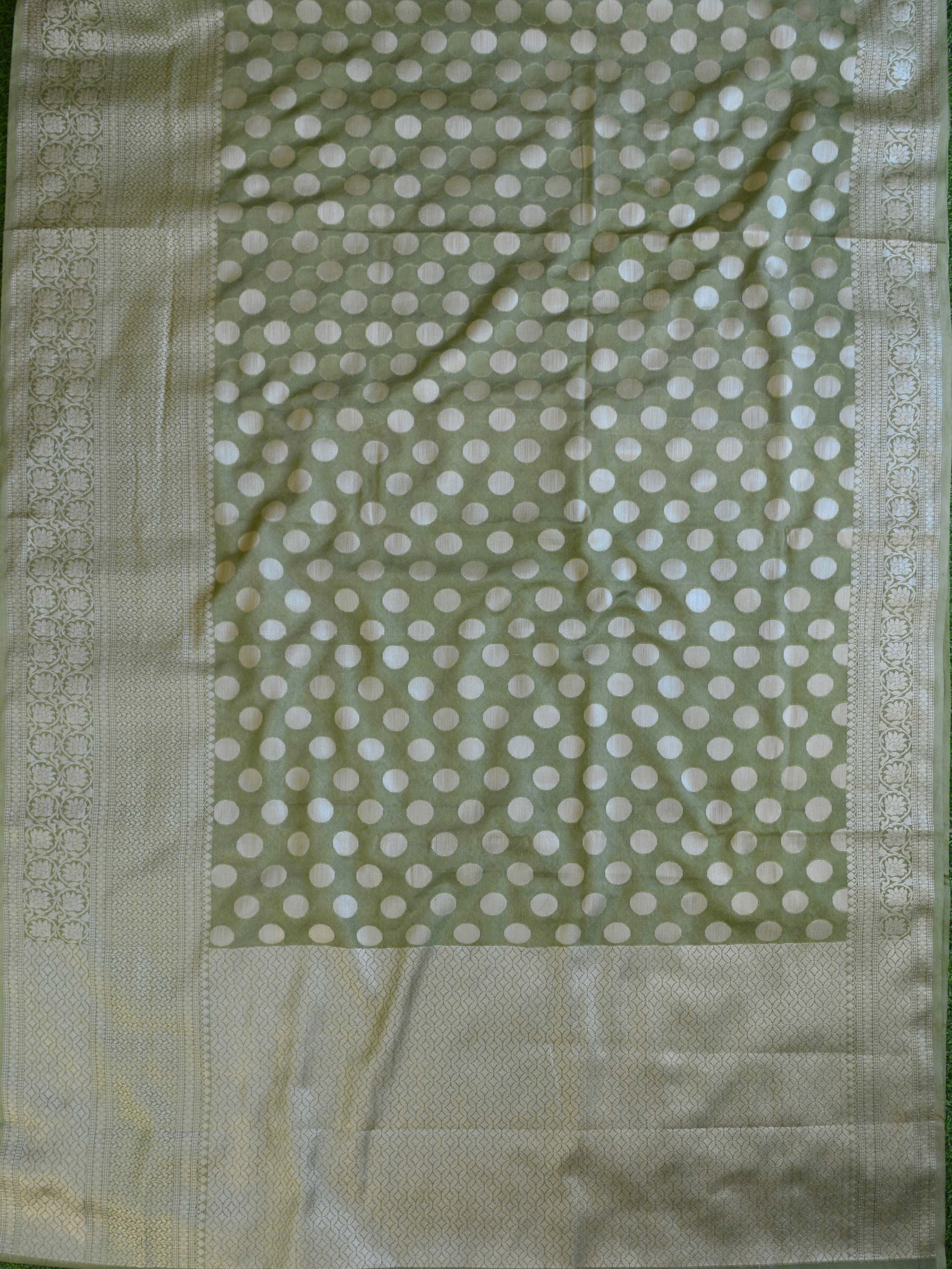Banarasi Cotton Silk Mix Sari With Polka Dots & Zari Border-Green