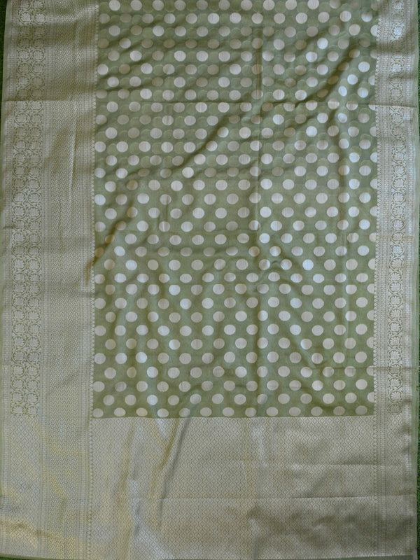 Banarasi Cotton Silk Mix Sari With Polka Dots & Zari Border-Green