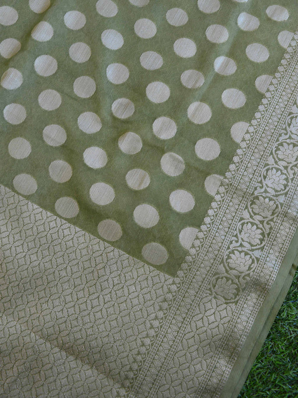 Banarasi Cotton Silk Mix Sari With Polka Dots & Zari Border-Green