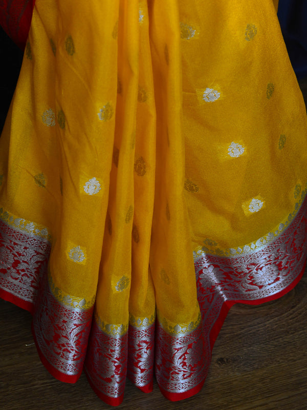 Banarasee Handwoven Semi-Chiffon Saree With Silver Zari Buti Design & Contrast Border-Yellow & Red