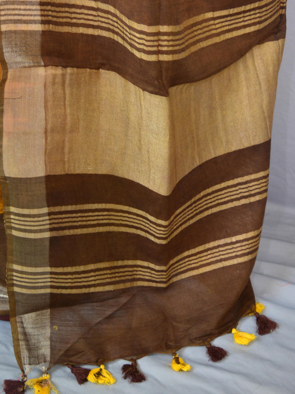 Bhagalpur Handloom Pure Linen Cotton Hand-Dyed Shibori Pattern Saree-Brown