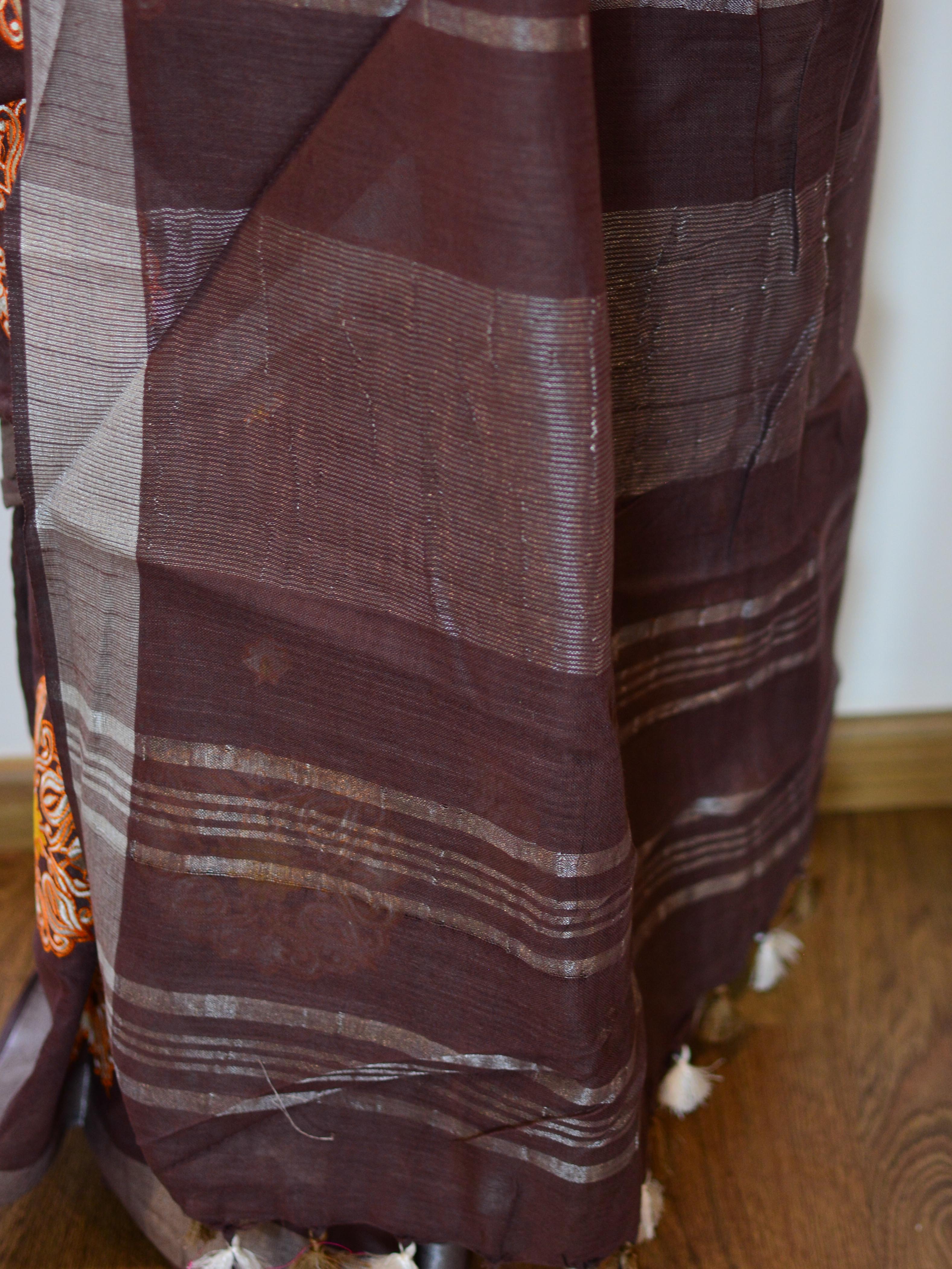 Bhagalpur Handloom Pure Linen Cotton Resham Embroidered Saree-Brown