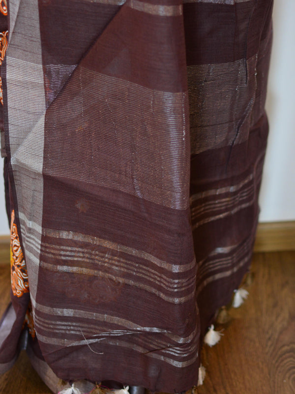 Bhagalpur Handloom Pure Linen Cotton Resham Embroidered Saree-Brown
