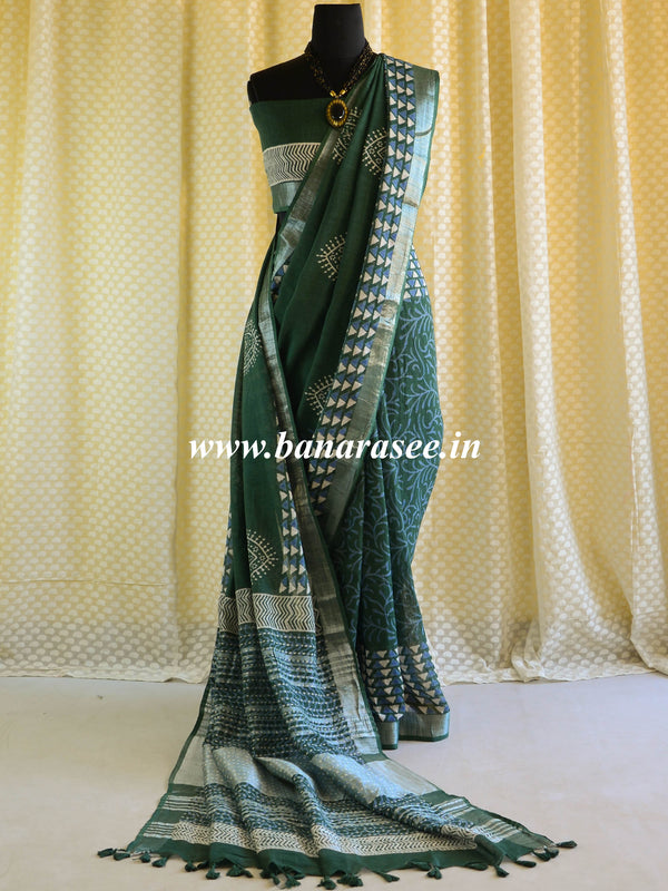 Banarasee Linen Cotton Bagru Hand-Block Printed Saree-Deep Green