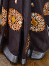 Bhagalpur Handloom Pure Linen Cotton Resham Embroidered Saree-Brown