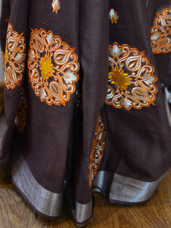 Bhagalpur Handloom Pure Linen Cotton Resham Embroidered Saree-Brown