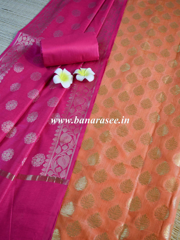 Banarasee Chanderi Cotton Buta Design Salwar Kameez Fabric With Contrast Dupatta-Pink & Orange