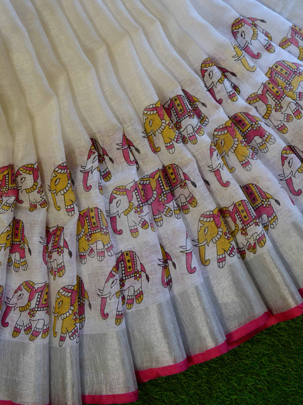 Banarasee Handloom Pure Linen Saree With Elephant Print-White