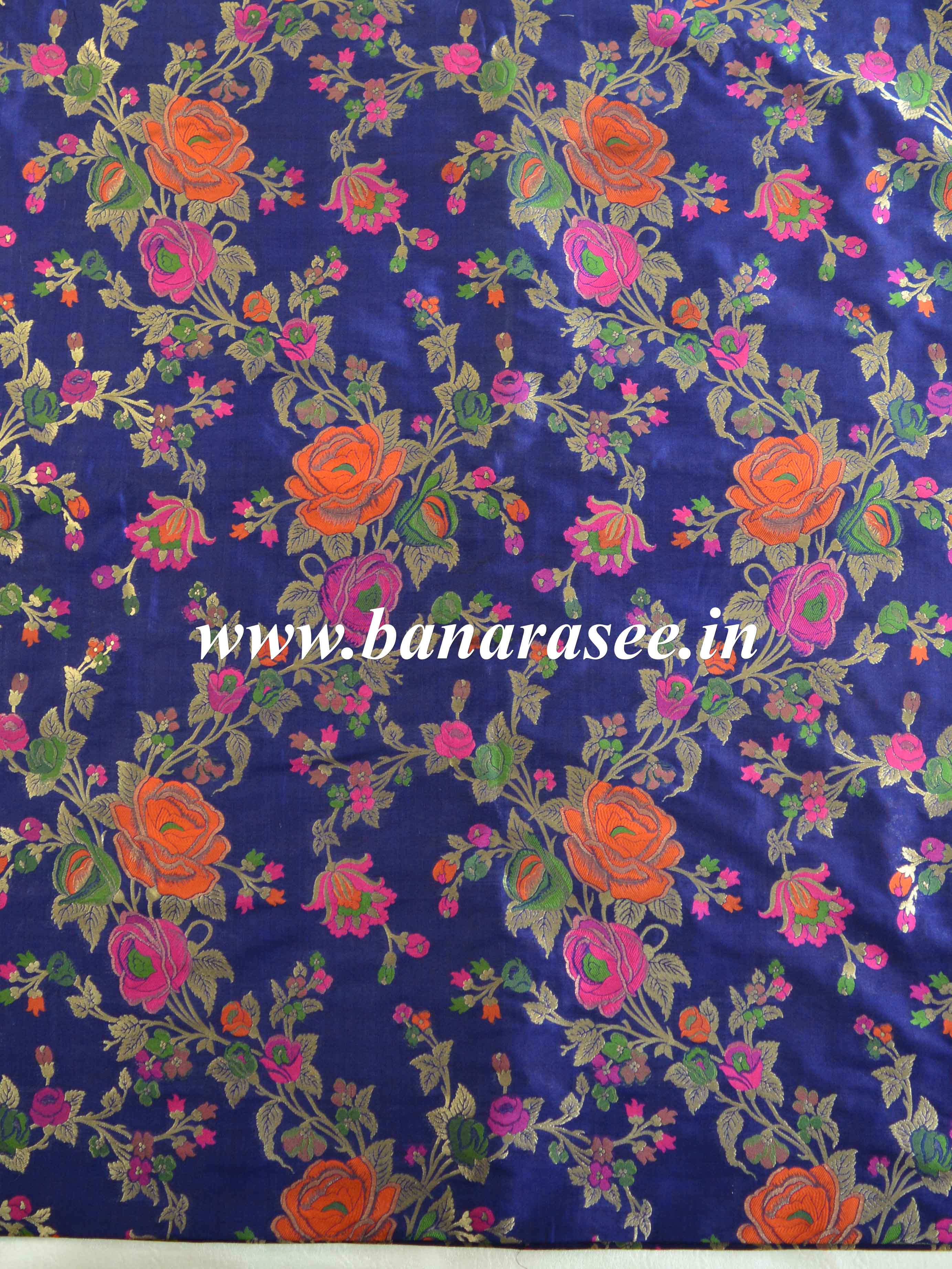 Banarasee Semi Katan Silk Jaal Design Fabric-Blue