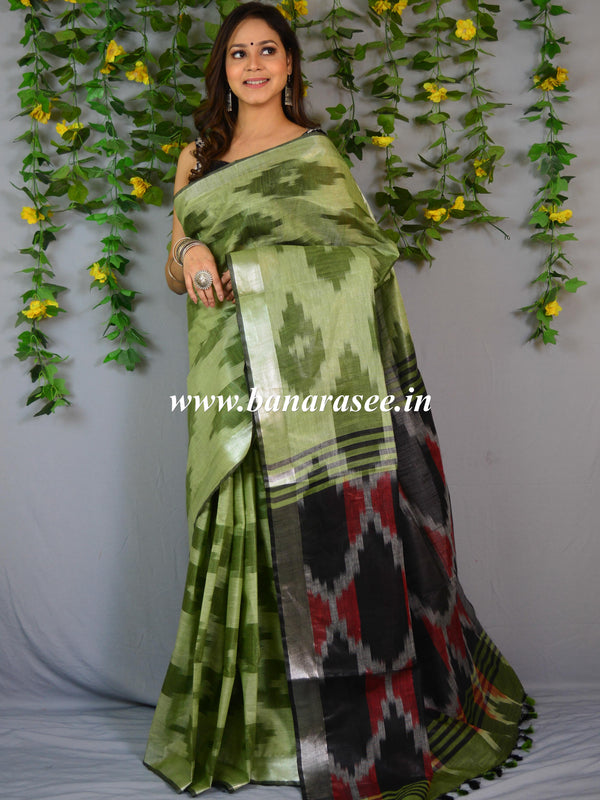 Banarasee Linen Cotton Ikkat Woven Saree-Green
