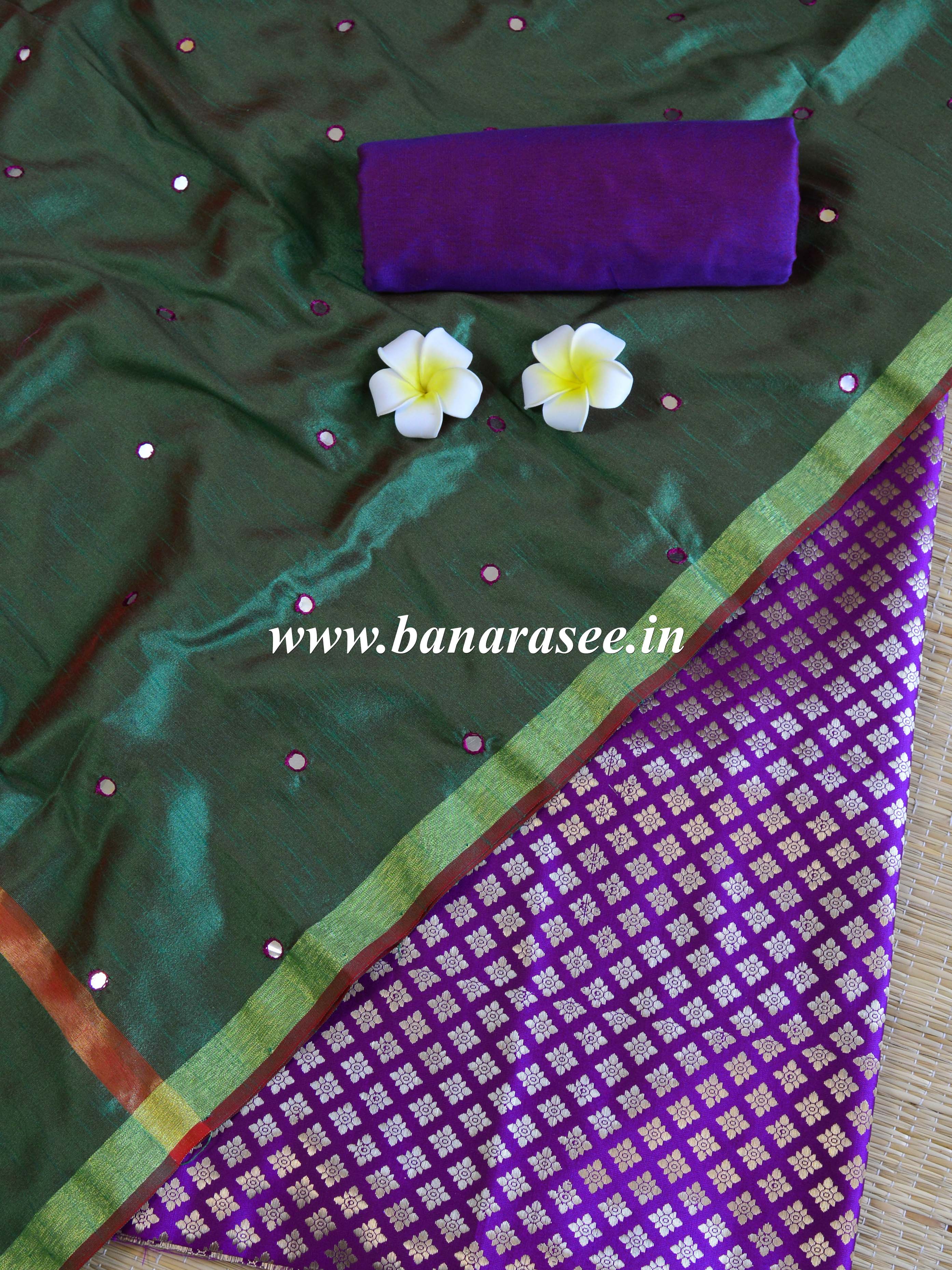 Banarasee Brocade Salwar Kameez Fabric With Mirror Work Dupatta-Green & Purple