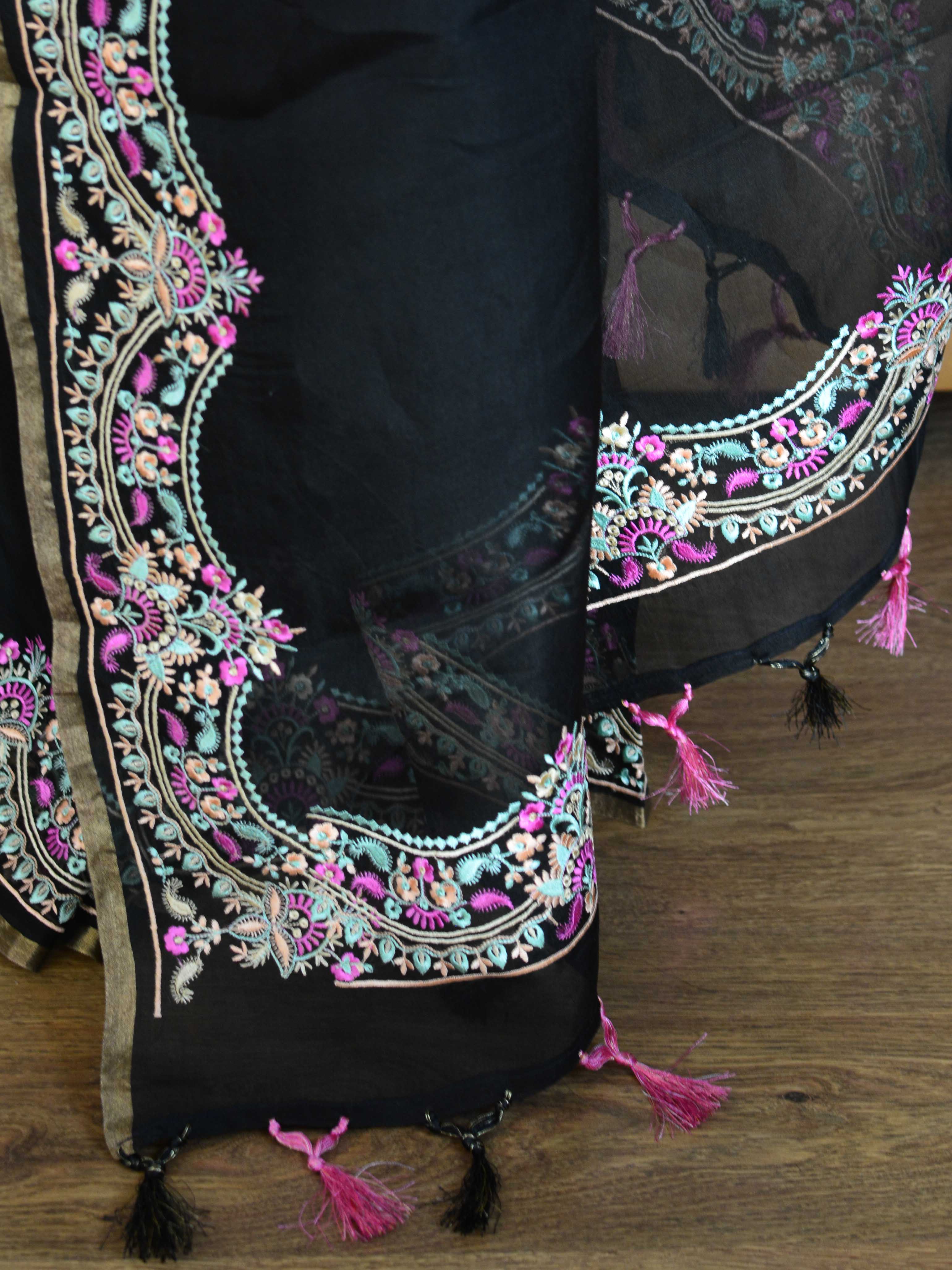 Banarasee Pure Organza Silk Saree With Embroidery-Black