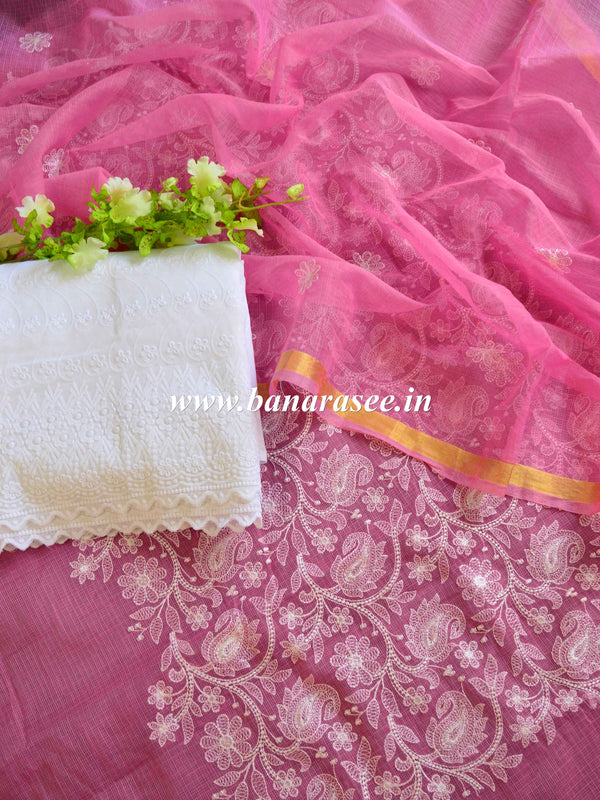 Banarasee Kota Doria Hand-Embroidered Salwar Kameez Dupatta Set-Pink