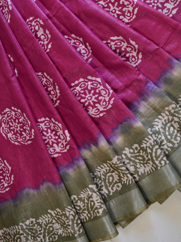 Bhagalpur Handloom Pure Linen Cotton Hand-Dyed Batik Pattern Saree-Magenta