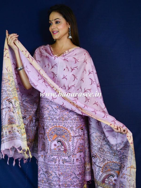 Pure Handloom Khadi Cotton Madhubani Print Salwar Kameez Dupatta Set-Purple