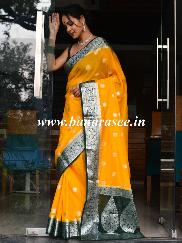 Banarasee Handwoven Semi-Chiffon Saree With Silver Zari Buti Design & Contrast Border-Yellow & Green