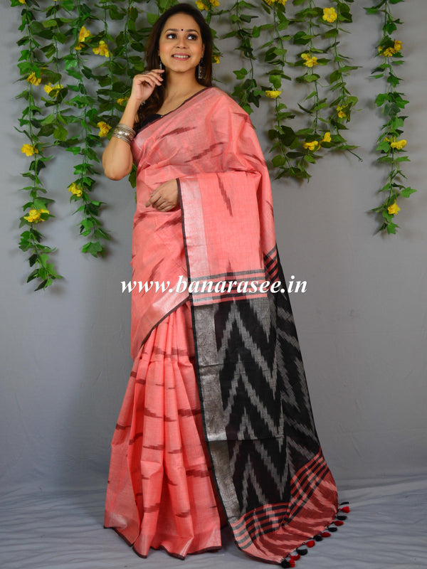 Banarasee Linen Cotton Ikkat Woven Saree-Peach