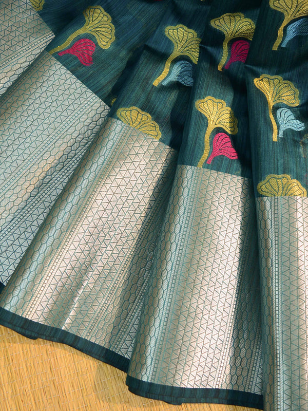 Banarasee Cotton Silk Mix Banswada Sari With Floral Buta & Skirt Border-Green