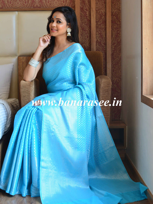 Kanjivaram Art Silk Saree With Silver Zari Jaal Design-Sky Blue