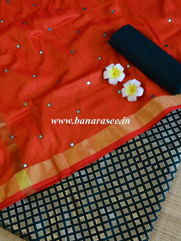 Banarasee Brocade Salwar Kameez Fabric With Mirror Work Dupatta-Green & Orange