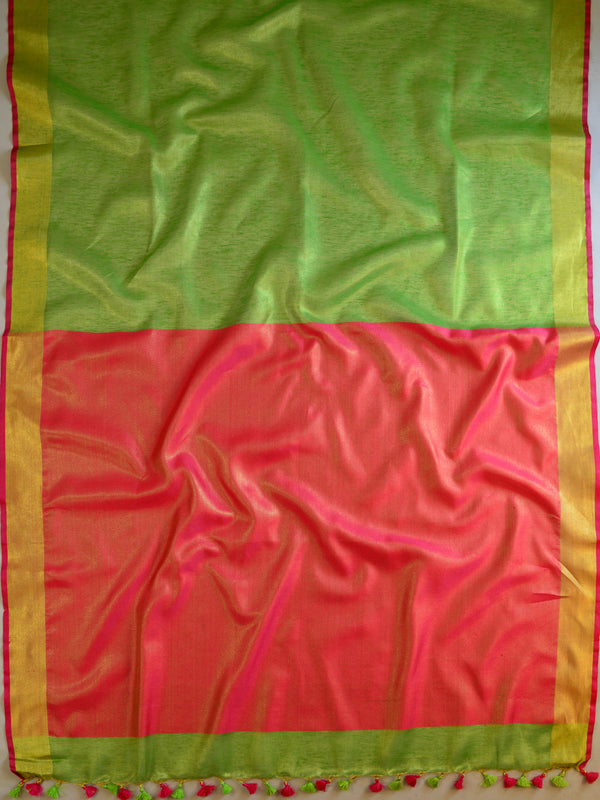 Banarasee Handloom Pure Linen By Tissue Metallic Shine Saree-Green & Red